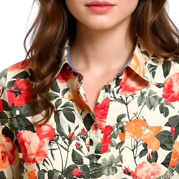 Talbots Petite 100% Botanical Floral Rose Print button down Shirt Size 12P - Picture 2 of 5